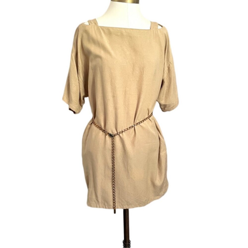 Vintage Ivory Raw Silk Cut Out Shift Dress - Medium